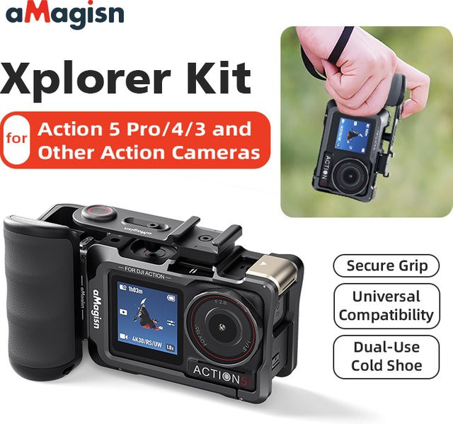 aMagisn Xplorer Grip Kit für Insta360 Ace, DJI Action und GoPro Serien – Ergonomischer Schnellspanngriff mit Auslöser in Schwarz - Bild 1