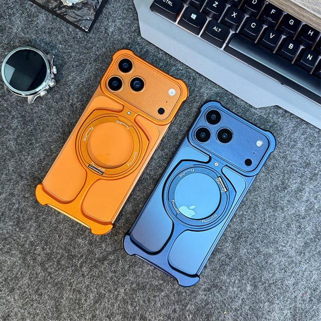 Magnetische Rahmenlose Aluminium Handyhülle mit drehbarer Halterung für iPhone 17 16 15 14 13 Pro Max in Orange - Bild 1