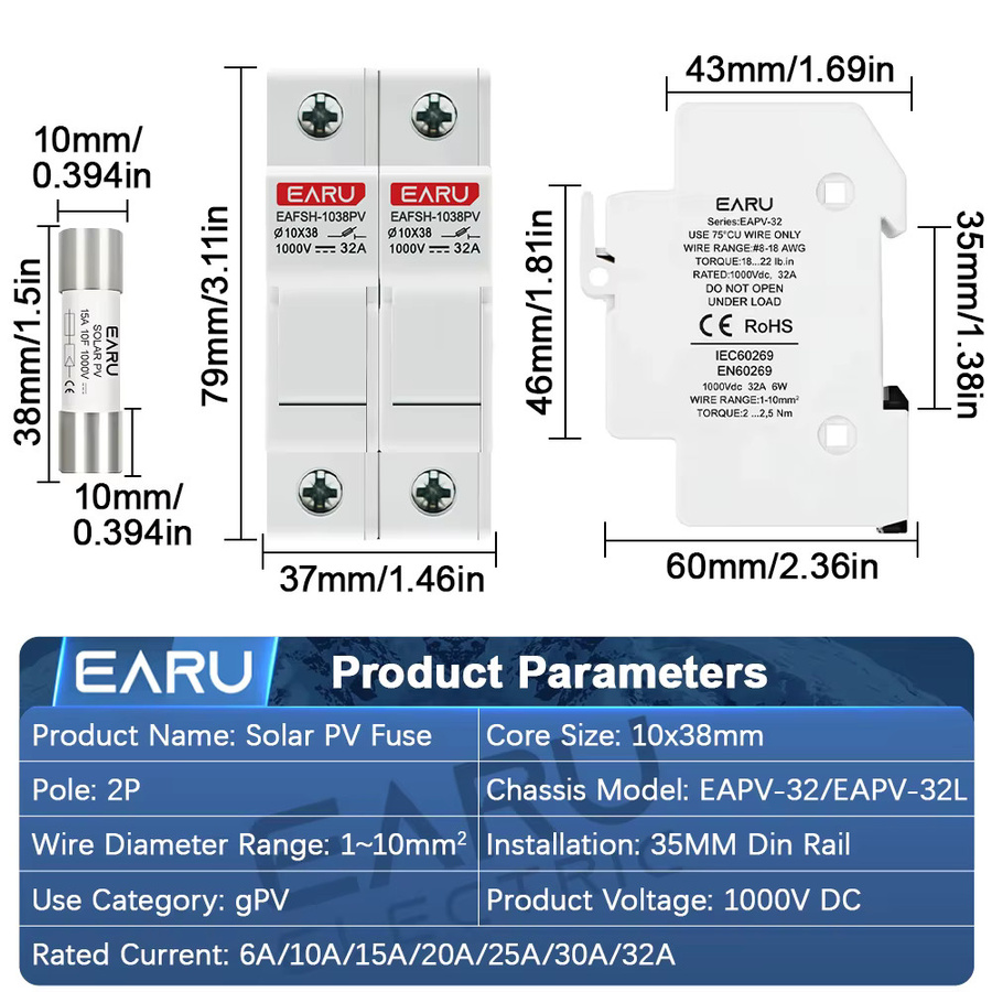 EARU 2er Set Parallel DC1000V Sicherungshalter 10x38mm für Hochspannungs-Solar-PV Photovoltaiksystem Schutzschalter 6-32A - Bild 2