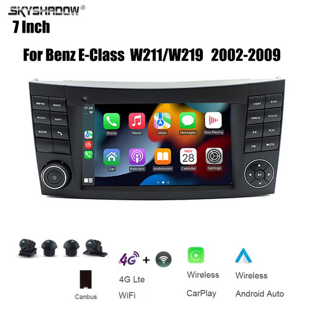 SKYSHADOW Android Autoradio mit 7 Zoll Display, 12GB RAM + 256GB Speicher, CarPlay, GPS, Bluetooth und 4G für Mercedes Benz E-Klasse W211 W219 W209 (2002-2009), Schwarz - Bild 1