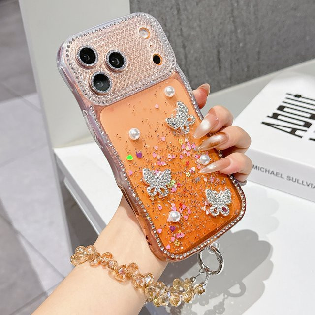 Glitzernde Strass-Gradient-Handyhülle für Apple iPhone 17 16 15 14 13 Pro Max mit Herz-Spiegel und Handschlaufe, stoßfeste Rückabdeckung - Bild 1