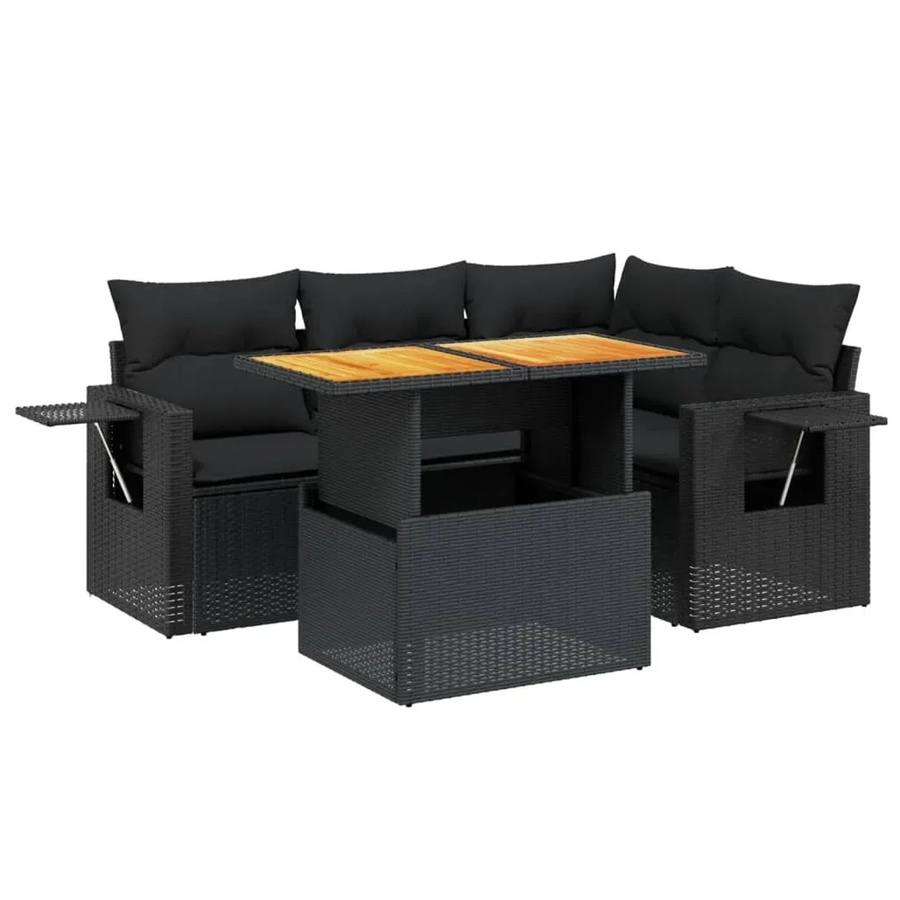 vidaXL 5-teilige Garten-Sofagarnitur in L-Form aus Polyrattan und Akazienholz mit Kissen, Schwarz - Bild 2