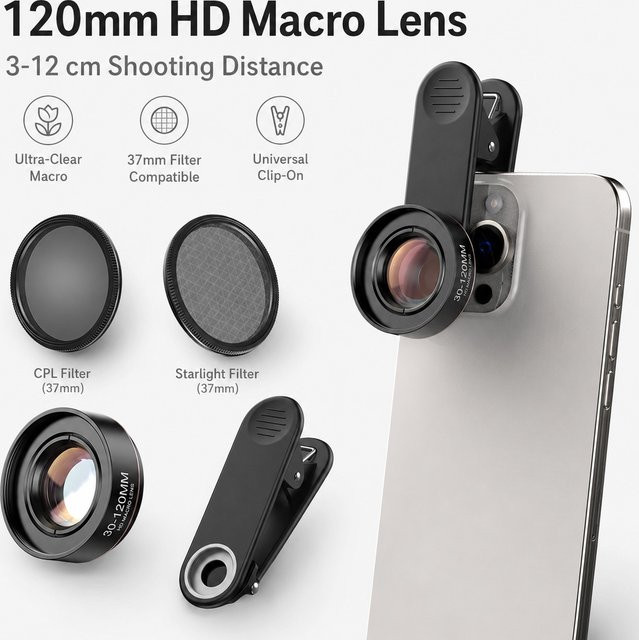 OBKEY Makro-Handyobjektiv 10X HD Nahaufnahme Clip-On Mobilkamera-Objektiv für iPhone Samsung Xiaomi Huawei und Android Smartphones in Schwarz - Bild 1