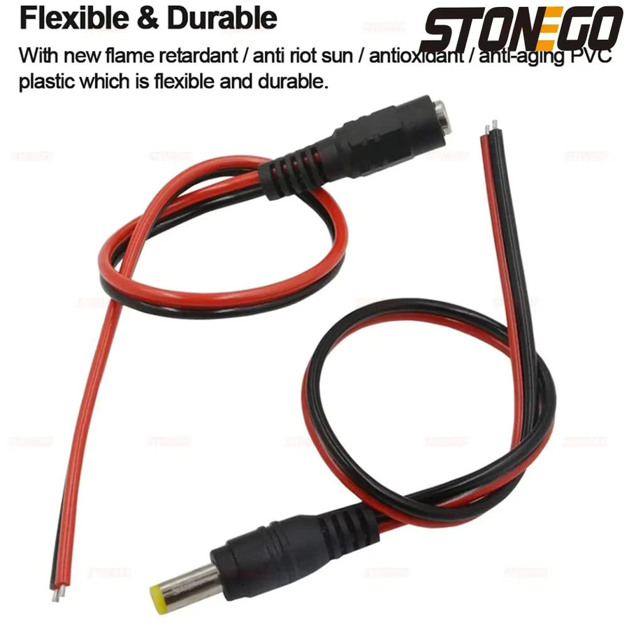 STONEGO DC-Stromversorgungskabel Set mit 12V männlichen und weiblichen Barrel-Plug-Anschlüssen in Schwarz - Bild 2
