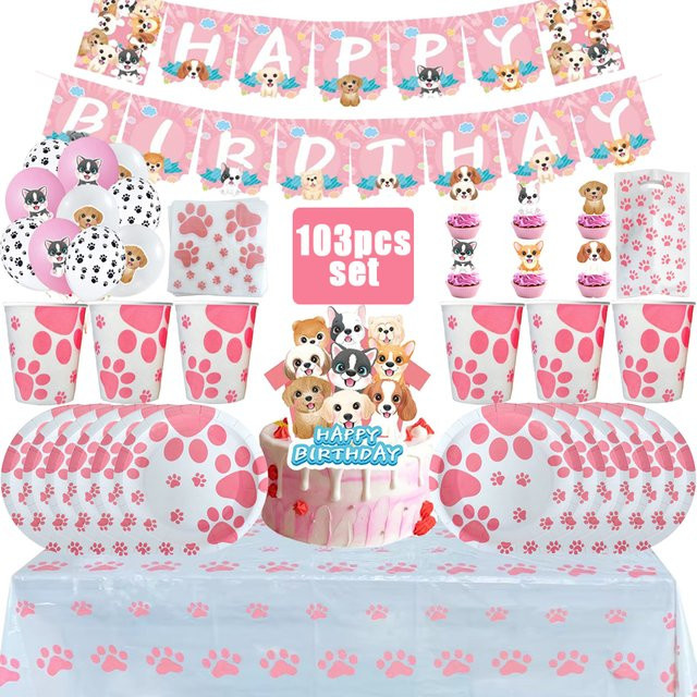 Potdemiel Party Set Hundepfote Rosa mit Einweggeschirr, Banner, Kuchen Topper und Geschenktaschen für Kindergeburtstage - Bild 1