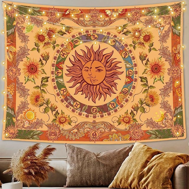 VIKAMA Wandteppich im Boho-Stil mit gelber Sonne, Mond und Mandala-Motiv, dekorativer Wandbehang in Gelb, Breite: 150 cm, Höhe: 90 cm - Bild 1