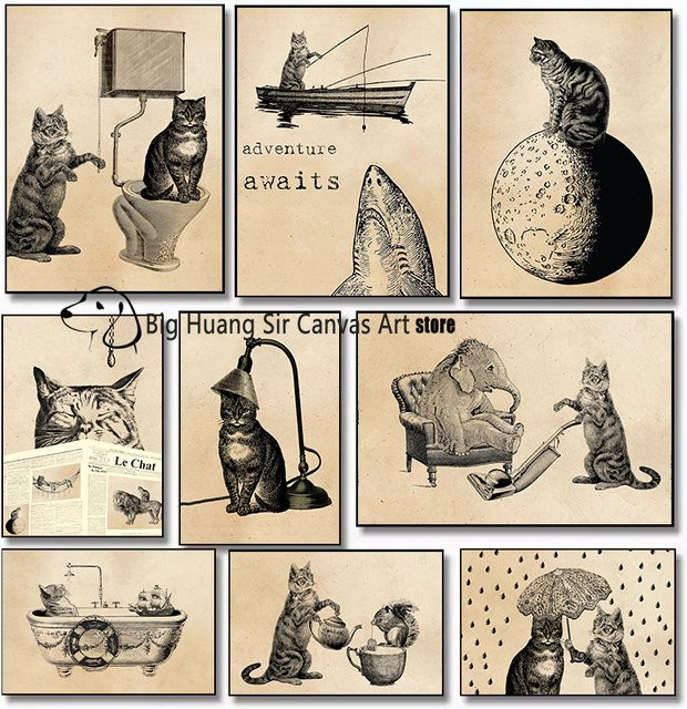 Vintage Leinwand Wandbild Potdemiel mit Li Hua Tabby Katze Illustration im alten Stil - Bild 1