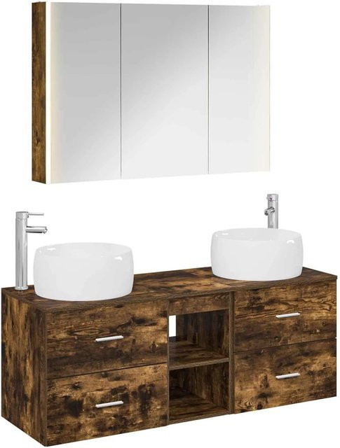 vidaXL Badezimmermöbel-Set 4-teilig in Geräucherte Eiche, modern mit Waschtischunterschrank, Spiegelschrank mit LED-Beleuchtung und Wandunterschrank, braun, matt - Bild 1