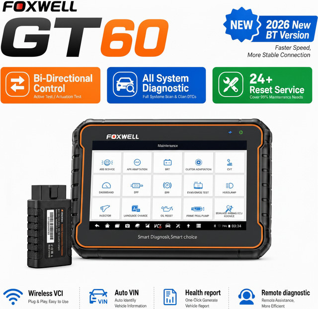 Foxwell GT60 OBD2 Auto-Diagnosegerät mit Bluetooth, Vollsystem-Scan und 24 Rücksetzfunktionen für ABS, SAS und TPMS in Schwarz - Bild 1