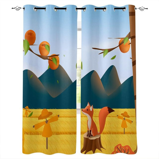 Super Six Dekorative Vorhänge mit Kirschblüten und Fuchs Motiv, halbtransparent, Mehrfarbig, Breite: 135 cm, Höhe: 60 cm - Bild 1