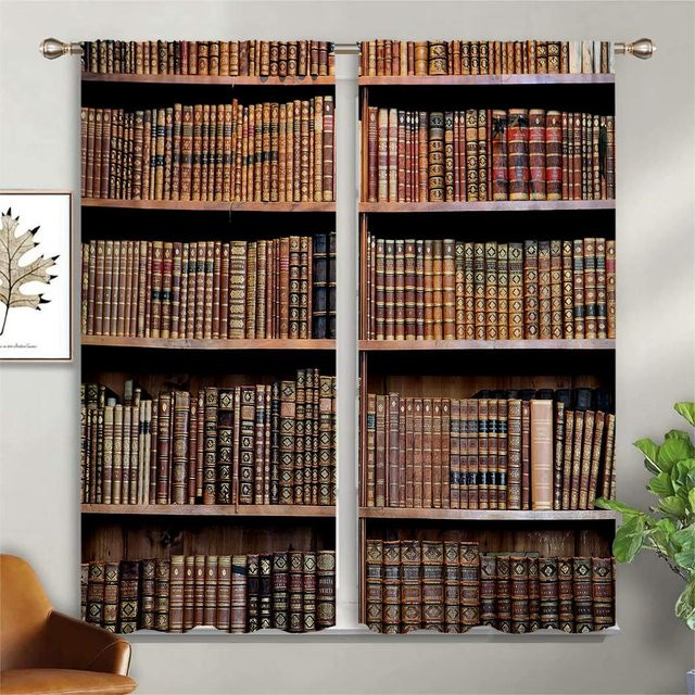 2er-Set Fenster Vorhänge mit Vintage Bücherregal Muster in Braun, halbtransparent aus Polyester, Breite: 50 cm, Höhe: 140 cm - Bild 1