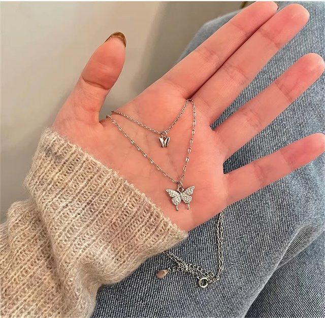 Lush Glam Schmetterlings-Halskette, doppellagig, Silber, Zirkonia, Damen - Bild 1