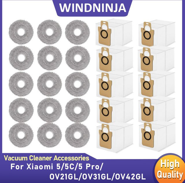 Wiederverwendbare Mopp Pads und Staubbeutel Zubehör Set für Xiaomi Mijia 5C 5 5Pro Roboter Staubsauger von WINDNINJA - Bild 1