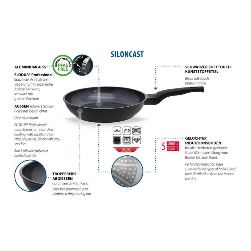 ELO Aluguss Pfanne Siloncast Schwarz, Durchmesser: 28 cm, mit Antihaftbeschichtung und Ausgießrand - Bild 7
