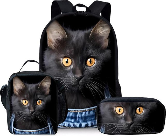 BAOERYE Dreiteiliges Schulset für Kinder mit Katzen-Motiv in Schwarz bestehend aus Rucksack, Brotdose und Federmäppchen - Bild 1