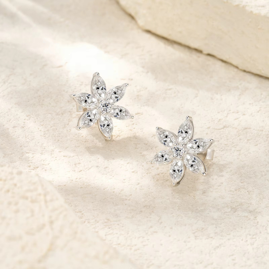 JIUZUAN Ohrstecker, Cluster-Blumen, Marquise-Schliff, S925-Silber, 18 Karat vergoldet, Damen - Bild 2
