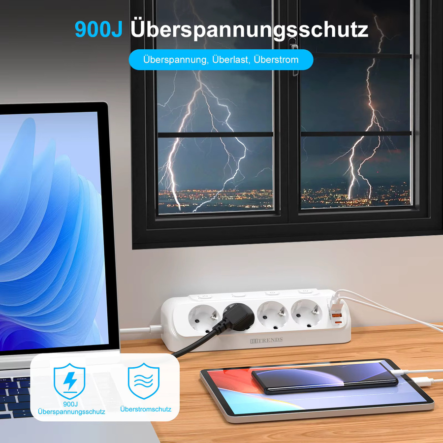 HITRENDS 8-in-1 Multifunktionale Ecksteckdosenleiste in Weiß mit 4 AC-Steckplätzen, 2 USB-A und 2 USB-C Anschlüssen für Schnellladung, geeignet für Tisch- und Wandmontage - Bild 3