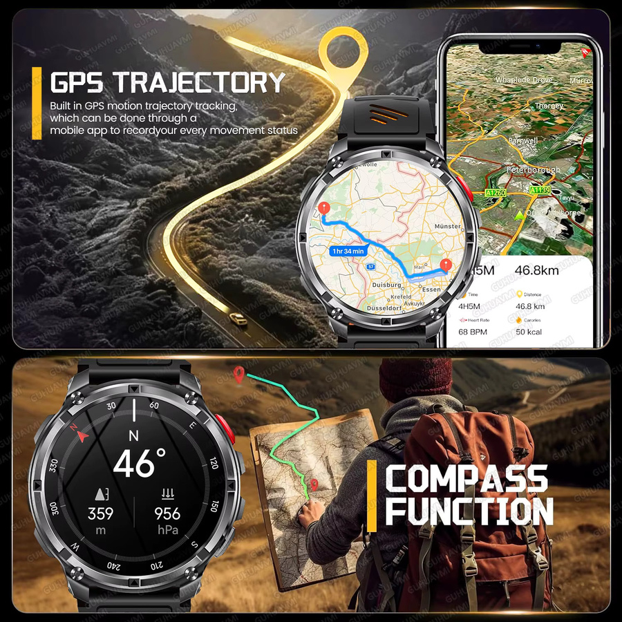 GUHUAVMI T-REX3 Ultra Smartwatch für Männer in Schwarz mit GPS, Kompass, Bluetooth-Anruffunktion und 5ATM Wasserdichtigkeit - Bild 3