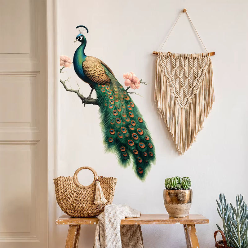 Selbstklebender Wandaufkleber mit Pfau und Zweigen in Vintage-Optik, mehrfarbig und schwarz - Bild 2
