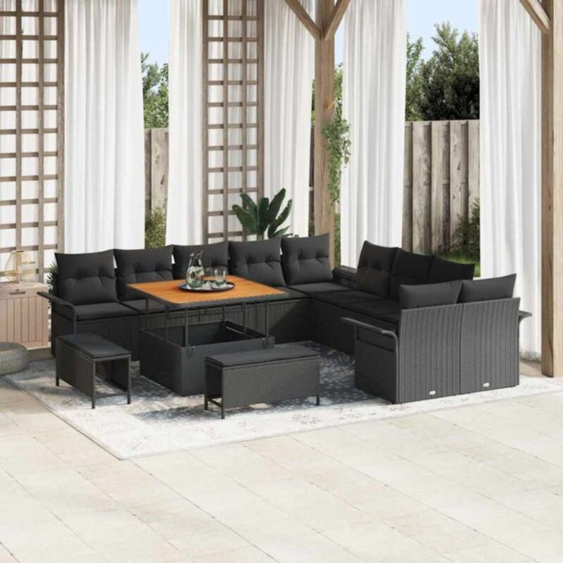 vidaxl Garten-Sofa-Set aus Poly-Rattan und Massivholz in Schwarz, 13-teilig, modern - Bild 1