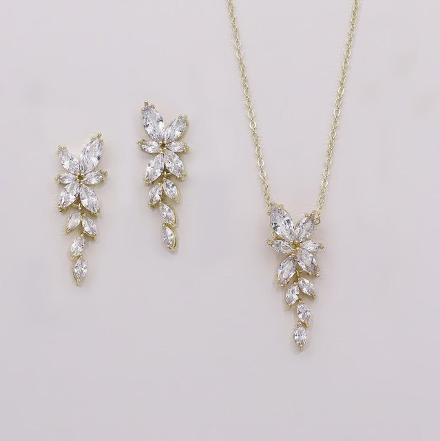 Schmuck-Set Ohrringe und Halskette, Kupfer, Zirkonia, gray, Damen - Bild 1