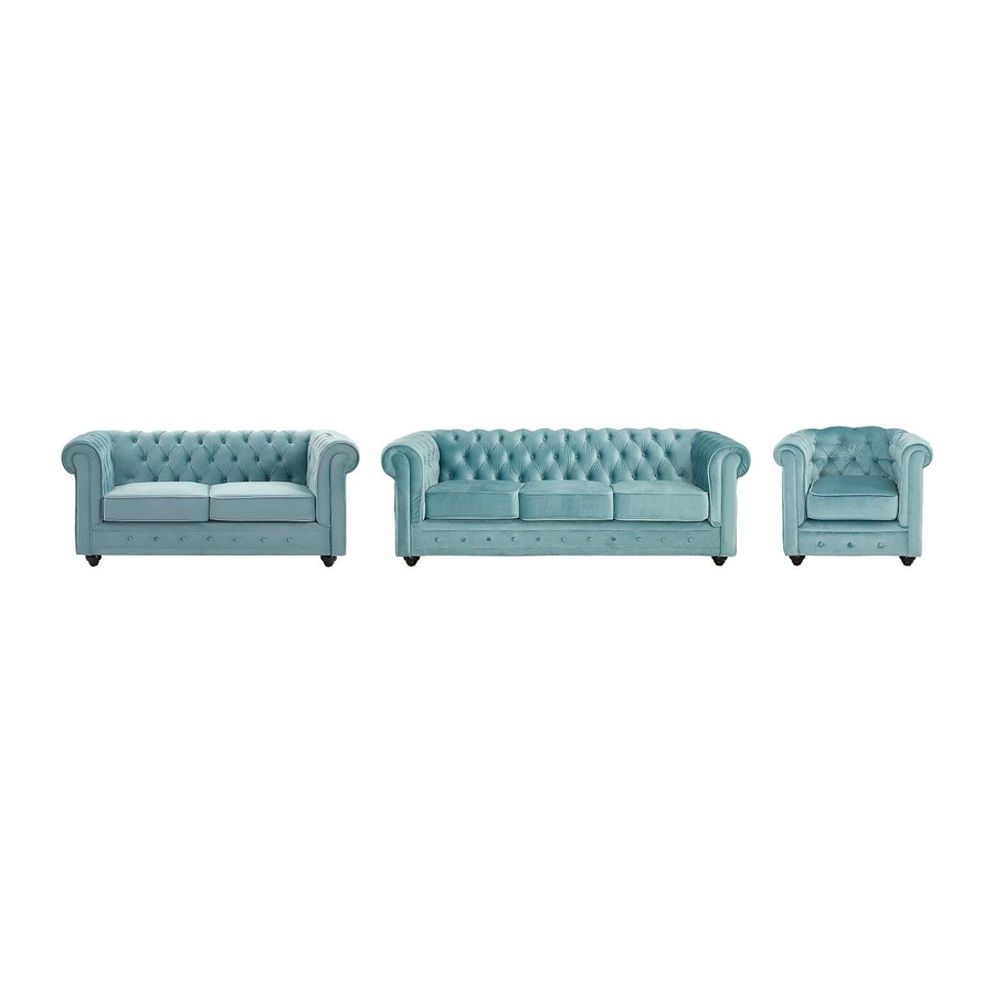 Vente-unique Chesterfield Couchgarnitur aus Samt in Hellblau bestehend aus 3-Sitzer-Sofa, 2-Sitzer-Sofa und Sessel mit B/T/H: 205 x 165 x 82 cm - Bild 2