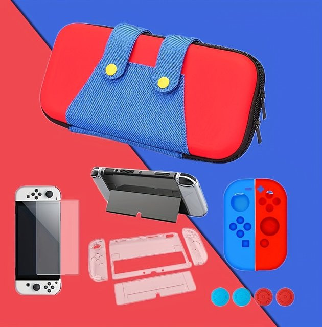 6-in-1 Schaltergehäuse für Nintendo Switch und OLED in Rot mit 10 Spielhaltern, Handschlaufe, Displayschutzfolie und 4 Daumenkappen - Bild 1