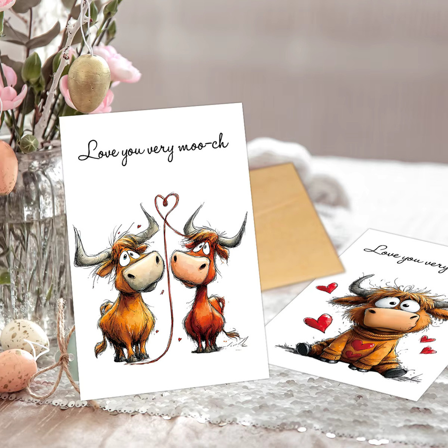 6 Stück Grußkarten mit Kuh-Motiv und Umschlägen für Valentinstag, Jahrestag oder Hochzeit, bunt - Bild 3