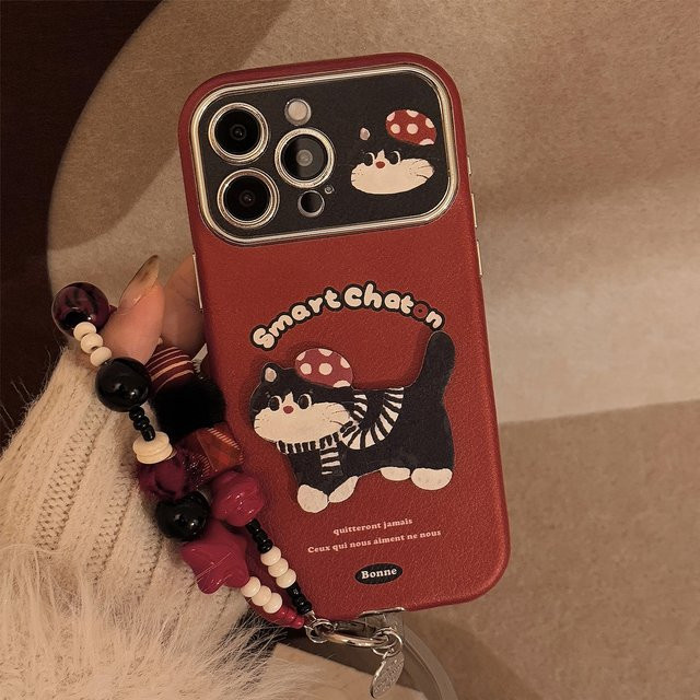 MUQGEW Handyhülle mit Ledertextur und Handgelenk-Kette im Koreanischen Cartoon Design für iPhone 11 bis iPhone 17 Pro Max, Schwarz und Rot, stoßfeste Abdeckung - Bild 1