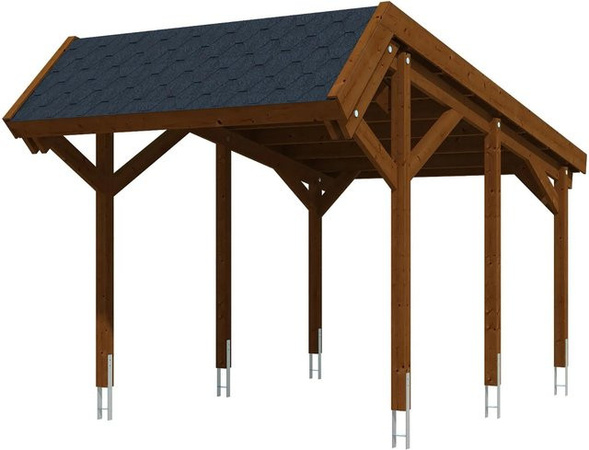 Skan Holz Carport Harz aus Nadelholz in Nussbaum mit schwarzen Dachschindeln B: 321 cm, T: 560 cm