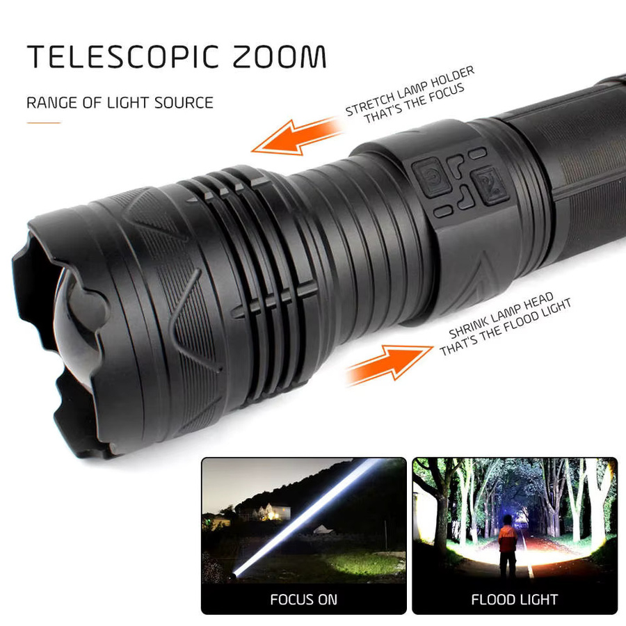 Wiederaufladbare LED-Taschenlampe und Notfalllaterne in Schwarz mit Zoom-Funktion und Leistungsanzeige - Bild 5