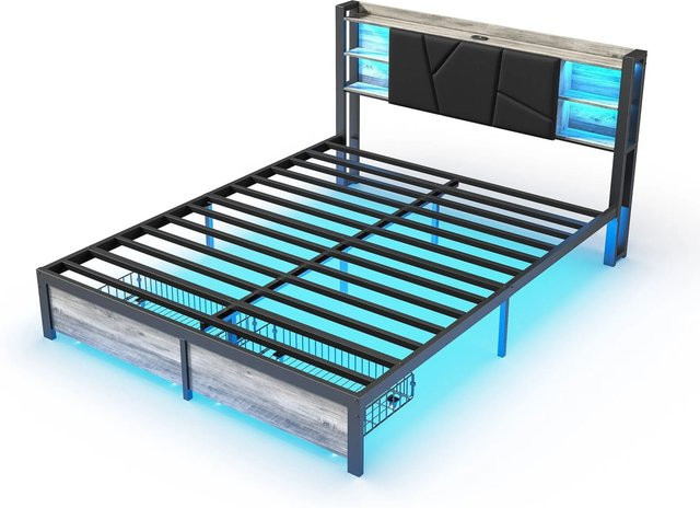 PXloue Modernes Eisenholzbett in Schwarz mit Schubladen, USB-Ladefunktion und Unterbettbeleuchtung, B/T/H: 160 x 200 x 214 cm - Bild 1