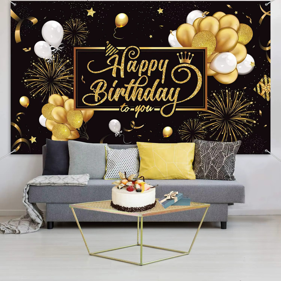 OURFETE Happy Birthday Hintergrundbanner aus Polyester in Schwarz-Gold mit Sternen und Buchstaben, Fotografie-Hintergrund für Geburtstagsfeiern, Breite: 185 cm, Höhe: 110 cm - Bild 2