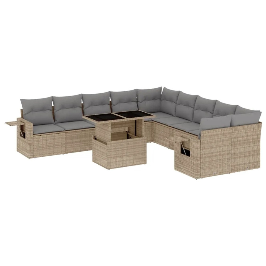 vidaXL 11-tlg Garten-Sofagarnitur in L-Form aus beigem Poly-Rattan mit wetterfesten Kissen und pulverbeschichtetem Stahlgestell - Bild 2