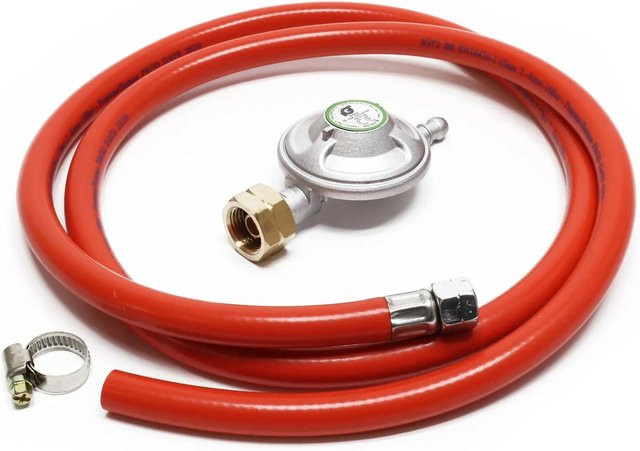 Wiltec Gasschlauch mit Druckregler 28mbar in Silber und Rot, Länge: 1,5 m - Bild 1