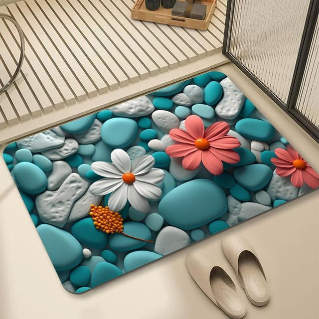 Saugfähige Fußmatte mit Gipskornblumen im chinesischen Stil, bunt, B/T: 40 x 30 cm - Bild 1