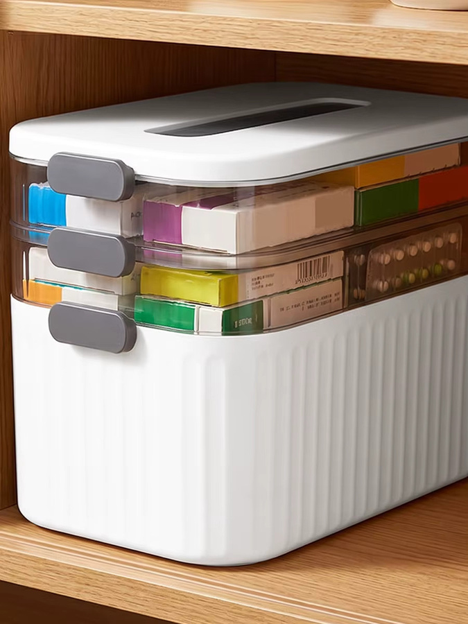 Wasserdichte und staubdichte 3-stufige Erste-Hilfe-Aufbewahrungsbox aus Kunststoff in Weiß mit Griff und großem Fassungsvermögen für Medikamente, Kosmetik oder Schreibwaren - Bild 7