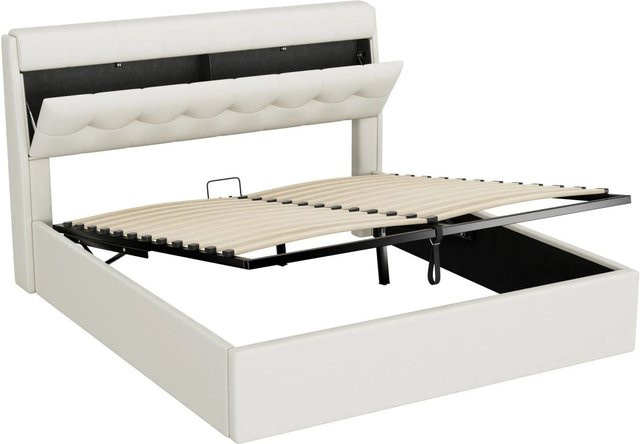 okwish Polsterbett aus Kunstleder mit hydraulischem Funktionsbett, Bettkastenablage und Kopfteilablage, B/T/H: 160 x 200 x 105 cm, Beige/Weiß - Bild 1