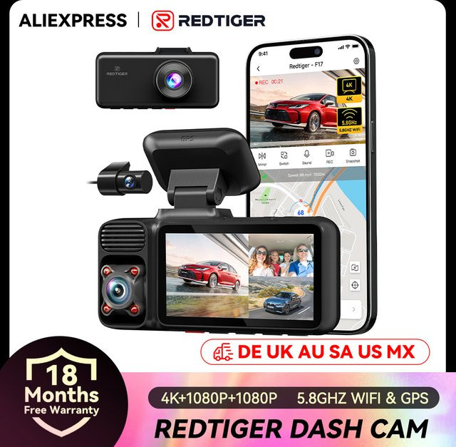 Redtiger F17 4K Dashcam mit 3 Kameras, 5,8 GHz WLAN, GPS und Nachtsicht in Schwarz - Bild 1