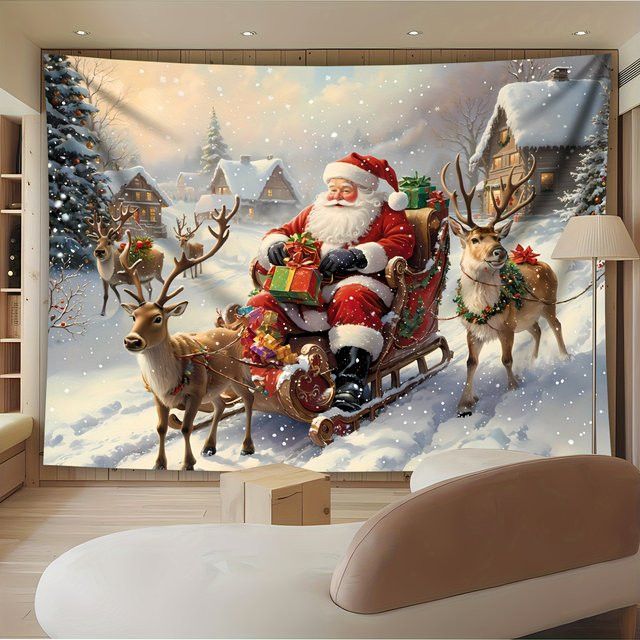 VIKAMA Wandteppich mit Weihnachtsmann, Kutsche und Elch als Weihnachtsdeko für Wohnzimmer, Schlafzimmer oder Büro - Bild 1