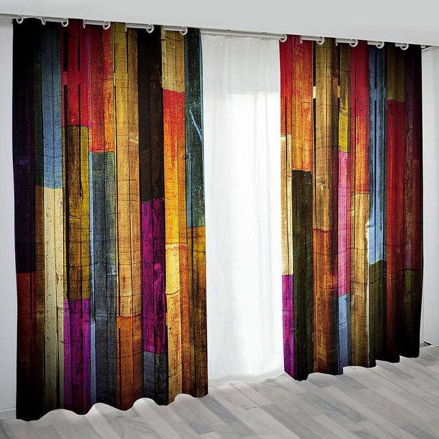 Yiran Furniture Vorhang mit abstraktem geometrischem Streifenmuster in Schwarz, Rot und Multicolour, halbtransparent, B: 70 cm, H: 165 cm, 2er-Set - Bild 1