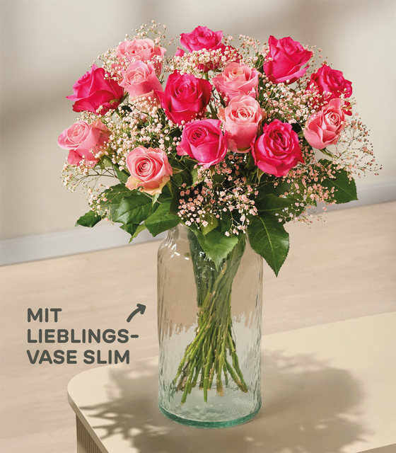 Blume2000 Sweet Roses Arrangement Rose Gypsophila Pink mit Lieblingsvase Slim - Bild 1