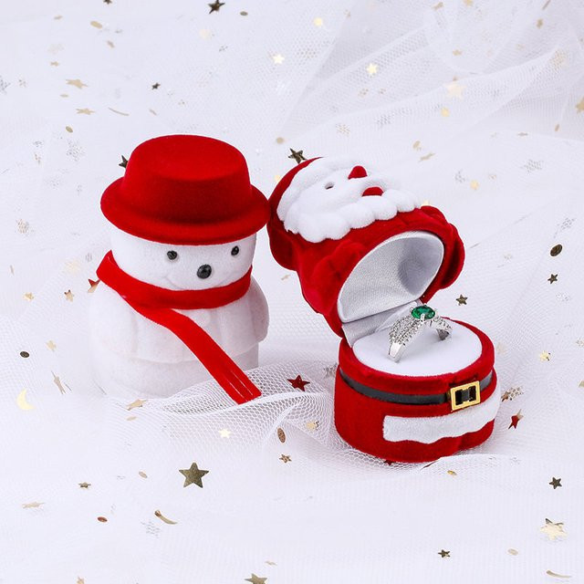 SMI Fine Weihnachtliche Schmuckbox aus rotem Samt mit Santa Claus und Schneemann Motiv für Ringe und Ohrringe - Bild 1