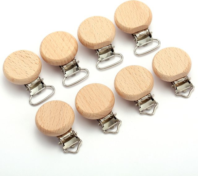 10 Stück Baby Schnullerhalter aus Buche mit Metallclip und Holz Beißring, BPA-frei, Braun und Mehrfarbig - Bild 1
