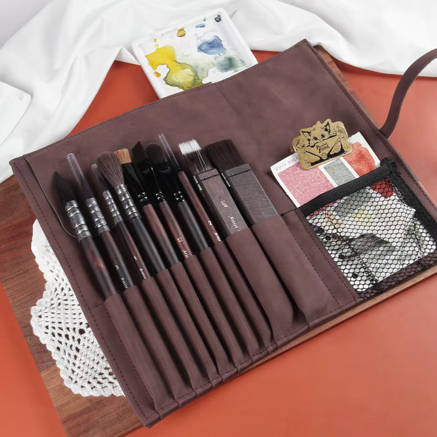 SeamiArt Künstler-Malpinsel Set aus 10 Stück mit Nylonhaar, Holzgriff und brauner Leder-Aufbewahrungstasche für Aquarellmalerei - Bild 3