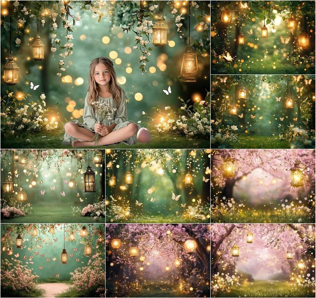 Mehofond Fotohintergrund Grüne Fee mit Wald und Schmetterling in Grün für Baby, Kinder, Geburtstage, Hochzeiten und Porträtaufnahmen im Fotostudio - Bild 1