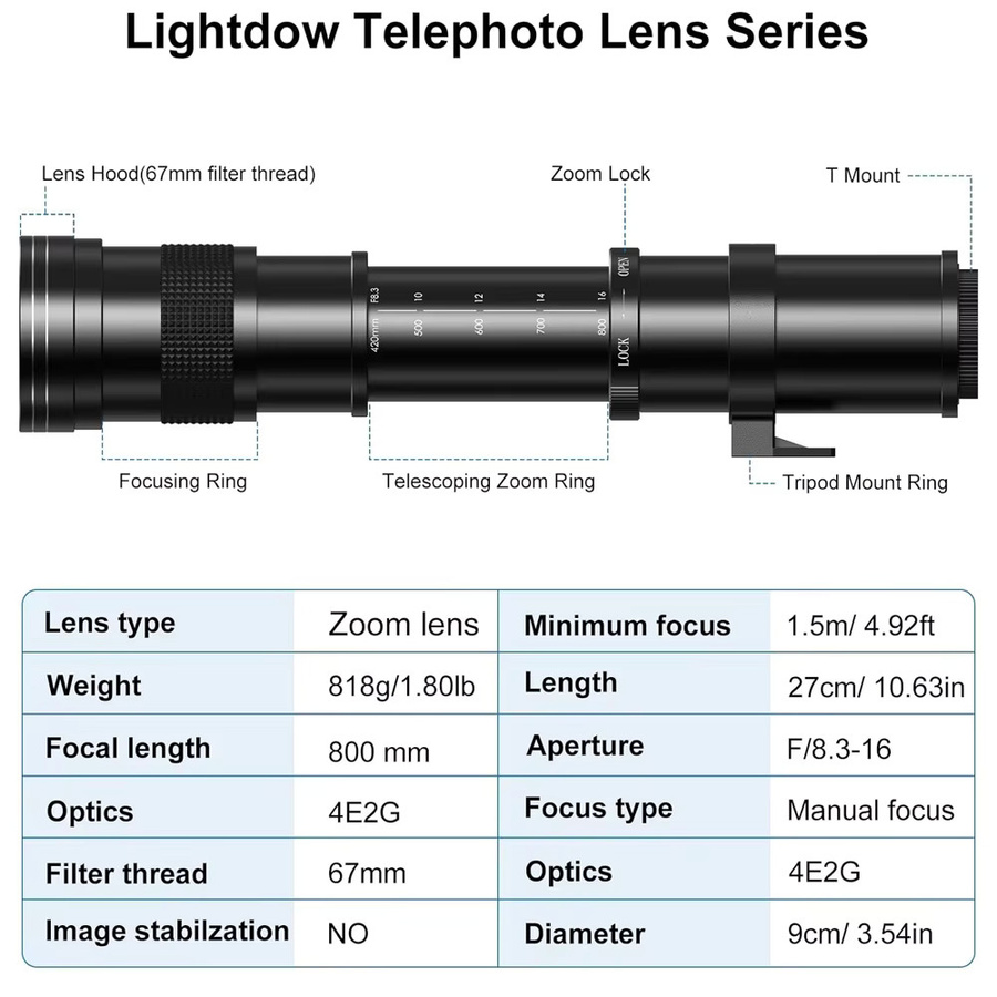 Lightdow Super-Teleobjektiv mit manuellem Zoom und T-Mount-Ring für Nikon, Canon, Sony, Fuji und Olympus, Schwarz, Brennweite 420–800 mm, Blende f/8.3-f/16 - Bild 2