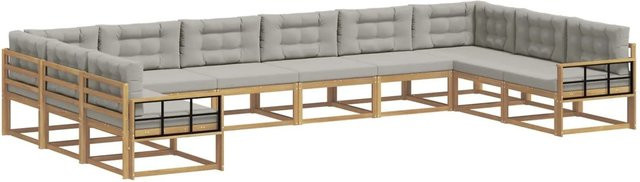 vidaXL Outdoor-Sofagarnitur L-Form aus massivem Akazienholz mit Kissen, 10-teilig, Weiß-Hellgrau - Bild 1
