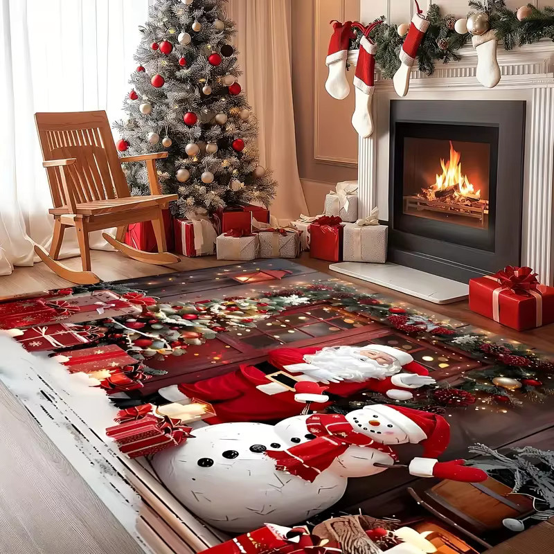 VIKAMA Weihnachts-Bodenmatte mit Weihnachtsmann und Schneemann Motiv, Mehrfarbig, Rechteckig - Bild 3