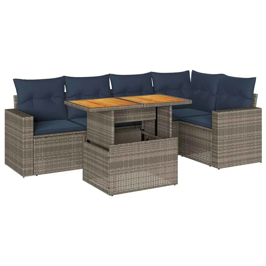vidaXL 6-teilige Garten-Sofagarnitur aus Poly-Rattan und Akazienholz in Grau mit Kissen - Bild 2
